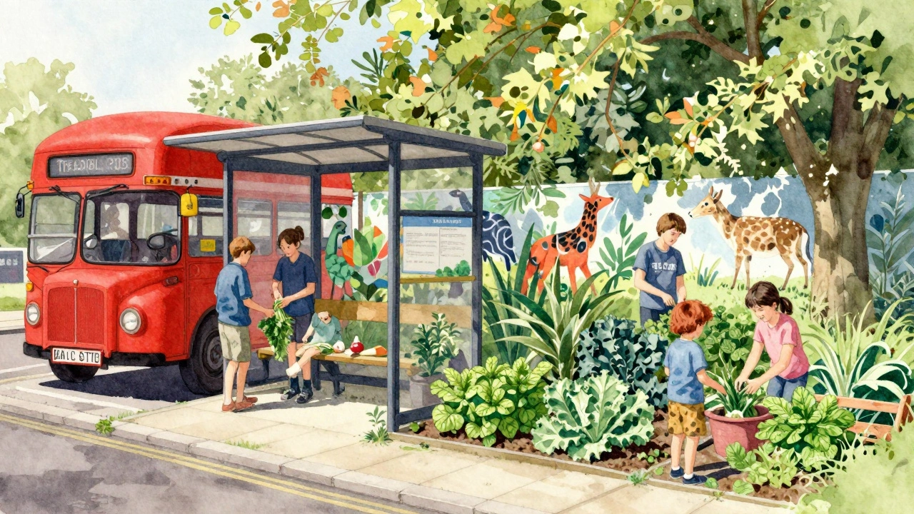 A community vegetable garden growing at a red London bus stop, with people harvesting fresh herbs and vegetables.