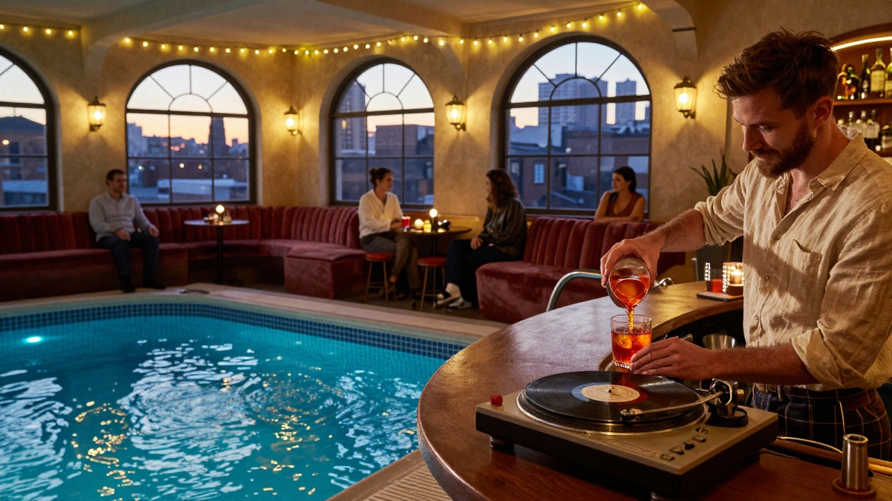 A converted 1930s swimming pool turned cozy cocktail lounge with fairy lights, velvet couches, and vinyl records playing.