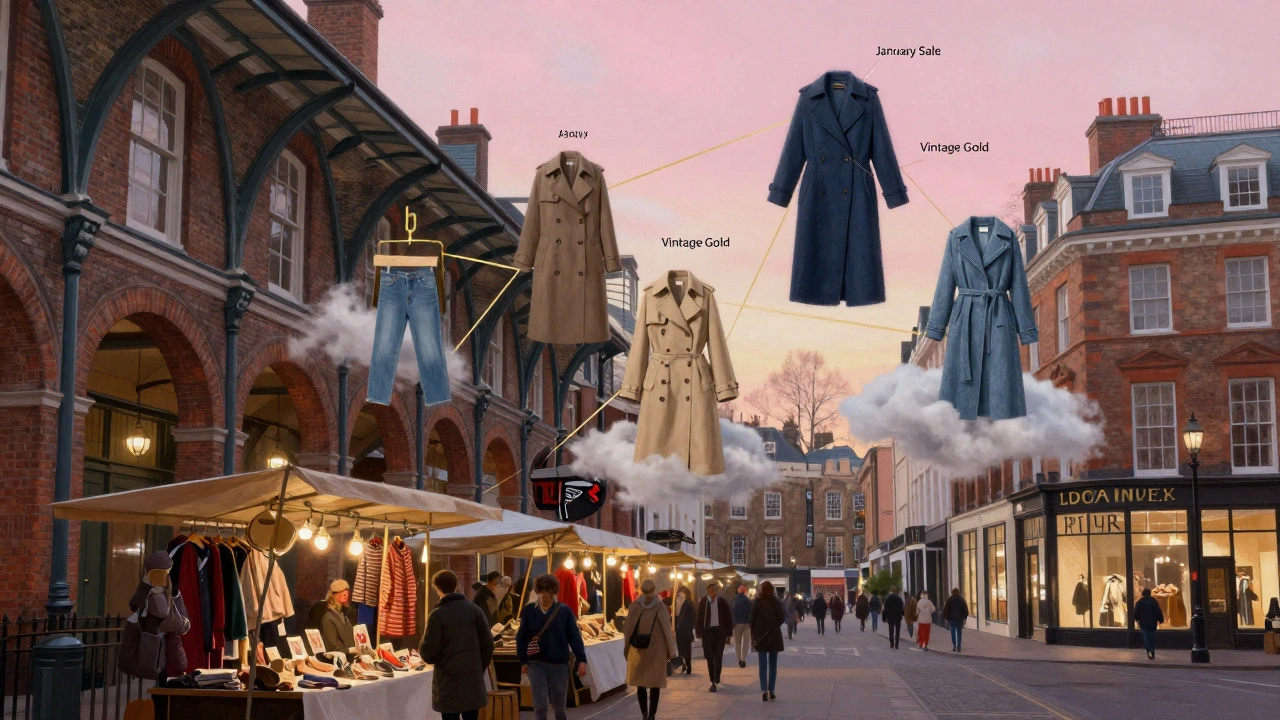 A dreamlike collage of London’s top fashion shopping destinations connected by floating garments and sale labels under a soft dawn sky.