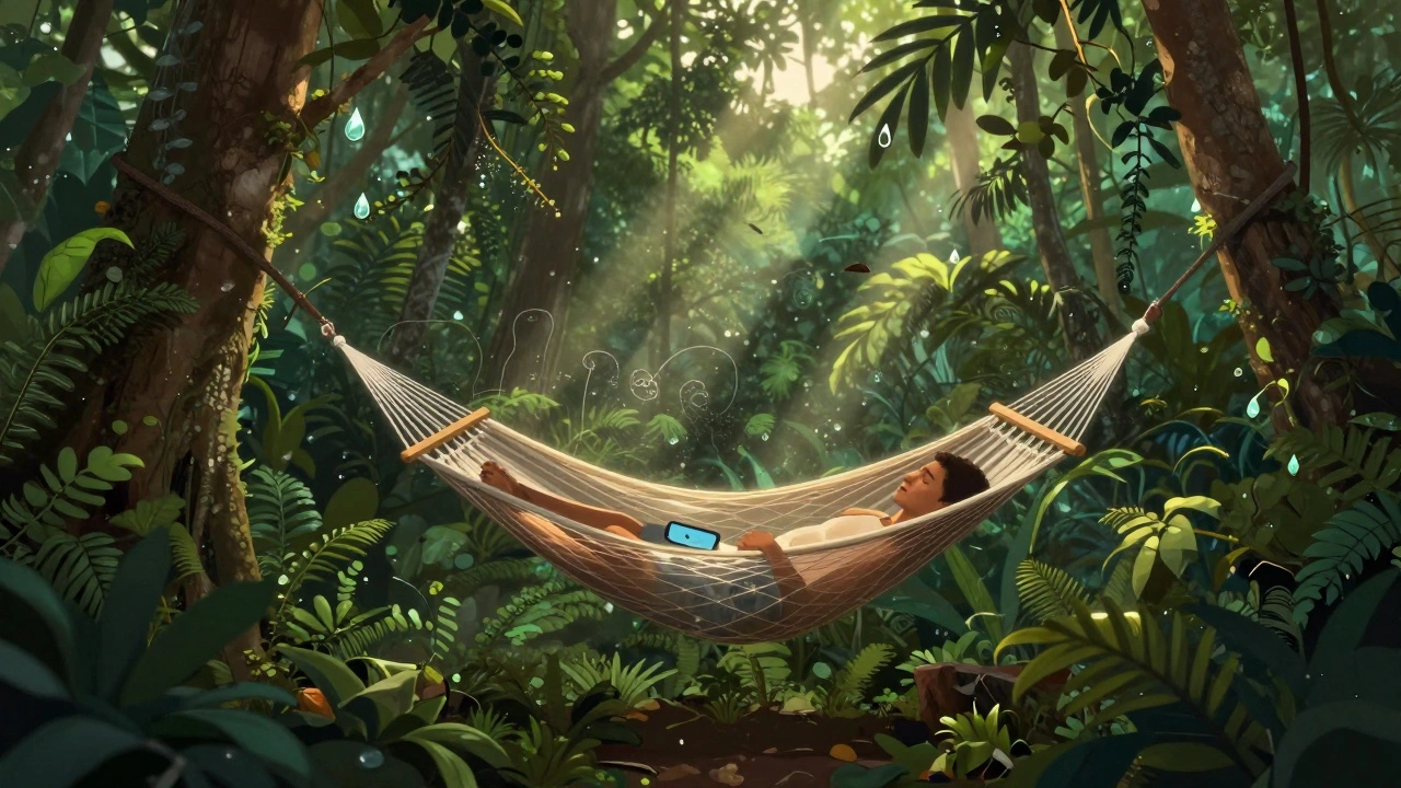 A hammock hangs in the Amazon rainforest, surrounded by glowing layers of sound represented as light, with sunlight filtering through the dense canopy.