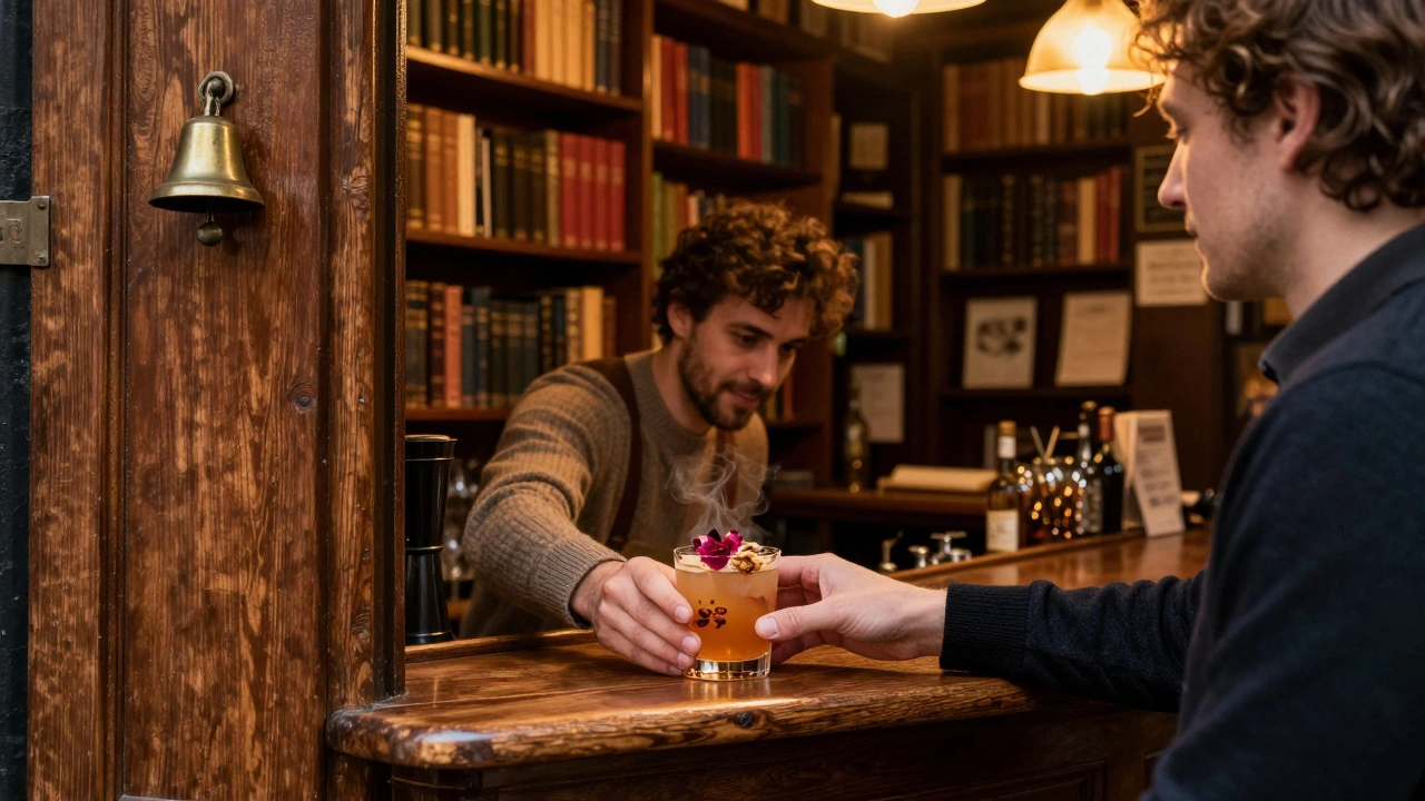 A hidden bar beneath a bookshop in Islington, where a bartender serves a spiced autumn cocktail to a lone guest.