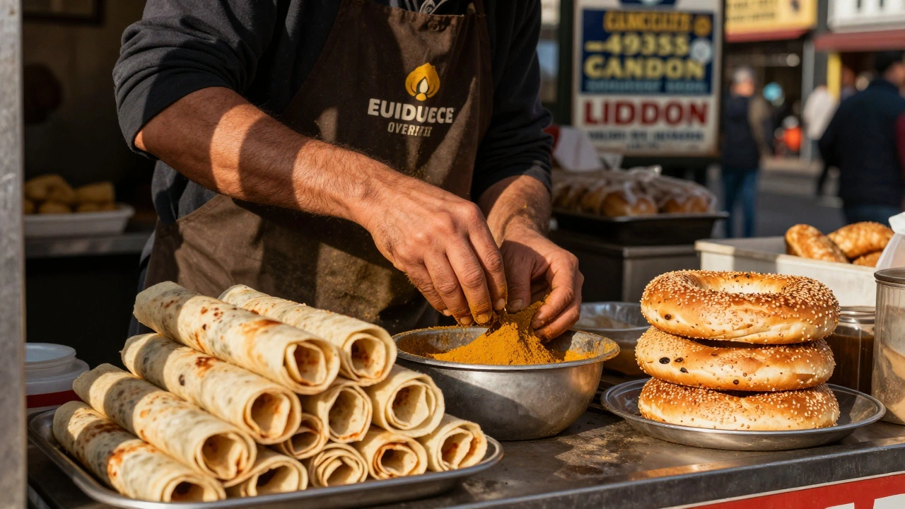 A London spice vendor preparing paratha rolls beside a historic bagel bakery on Sunday morning in Brick Lane.