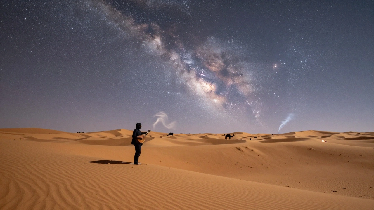 A lone traveler stands on a desert dune at twilight, under a star-filled sky, with a camel silhouette in the distance and fire smoke curling upward.