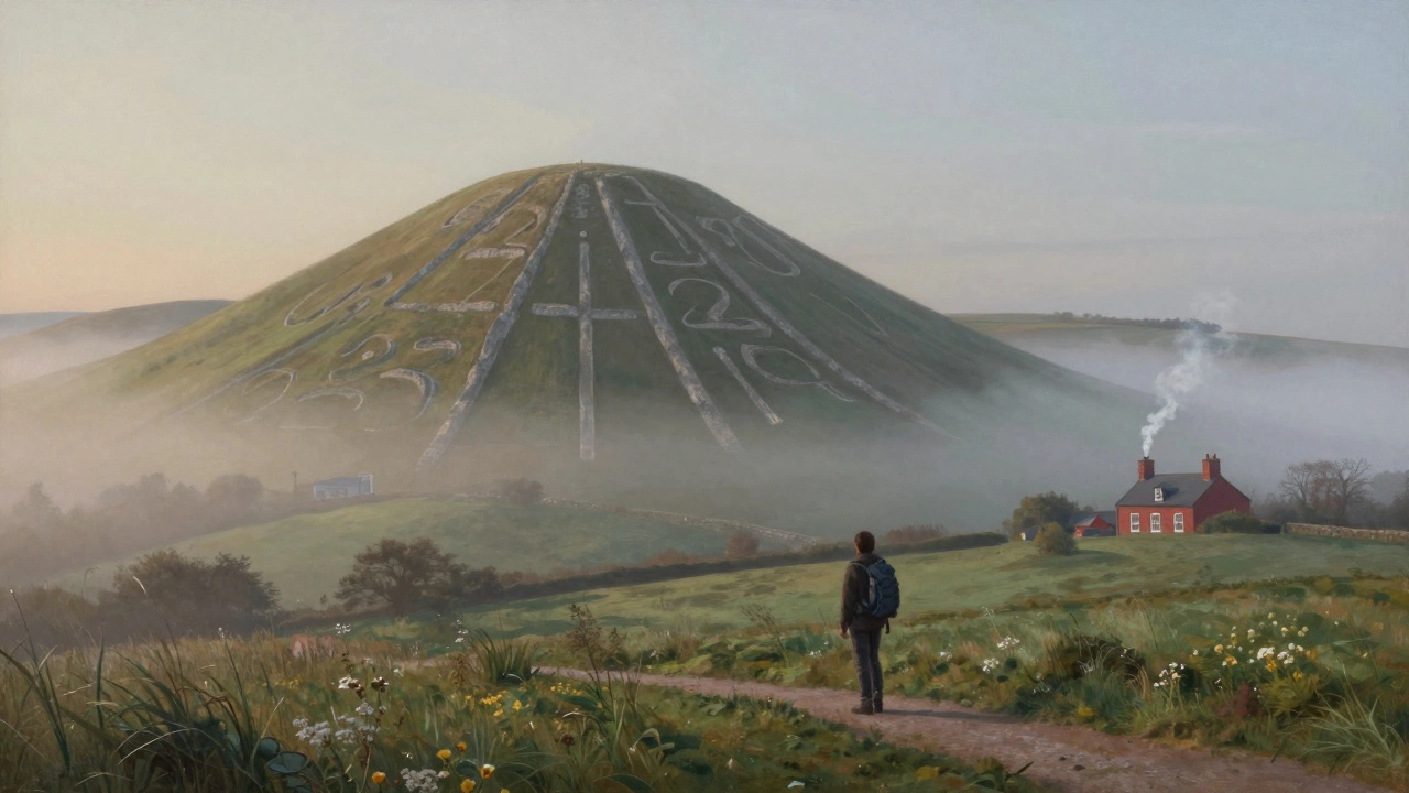 A massive ancient chalk figure carved into a hillside at dawn, with a lone hiker below and rolling green fields around.