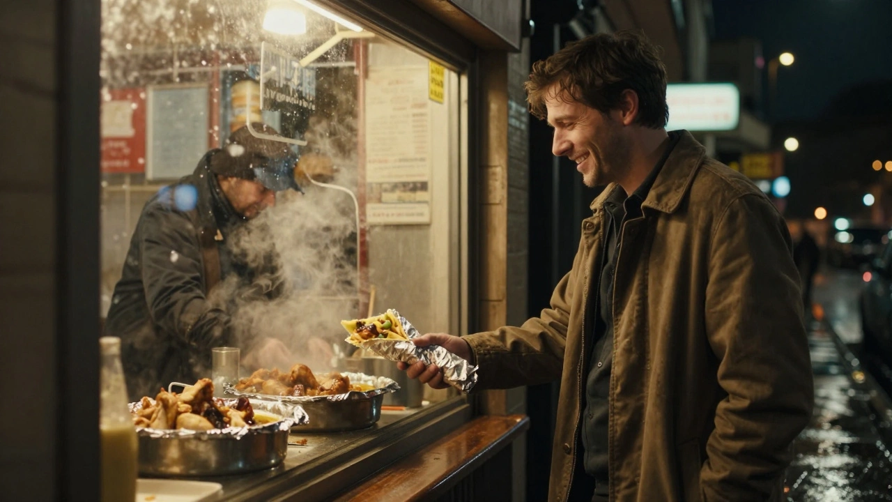 A pub crawler receiving a £4.50 chicken shawarma from a 24-hour kebab shop at night.