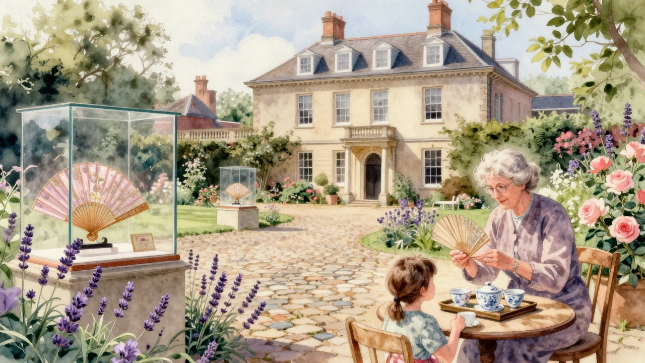 A quiet Georgian house garden with delicate fans on display, an elderly woman teaching a child to fold a fan, surrounded by blooming lavender.