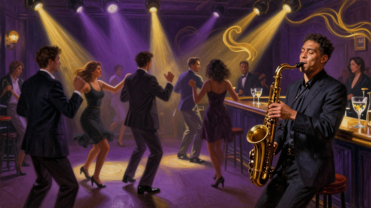 A soulful dance floor bathed in gold and purple light, diverse crowd swaying as a saxophonist plays, gin cocktails glinting on the bar.