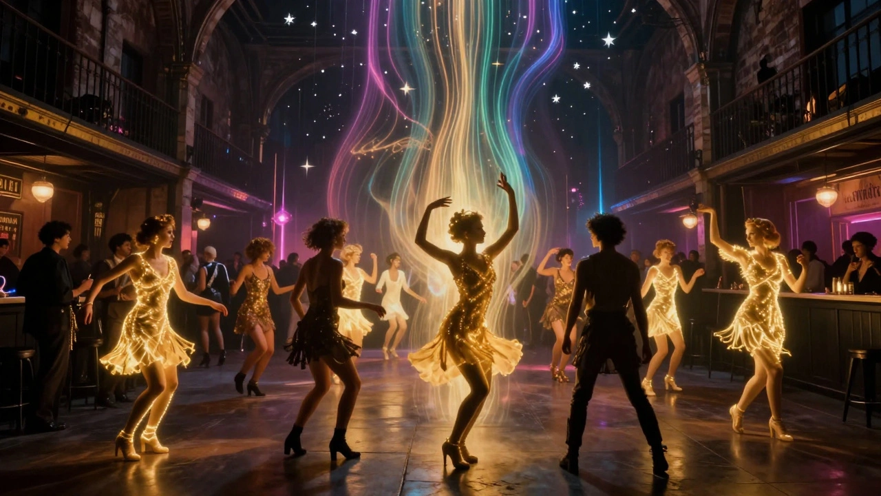 A surreal blend of London's club eras, with dancers from different decades moving together in glowing harmony.