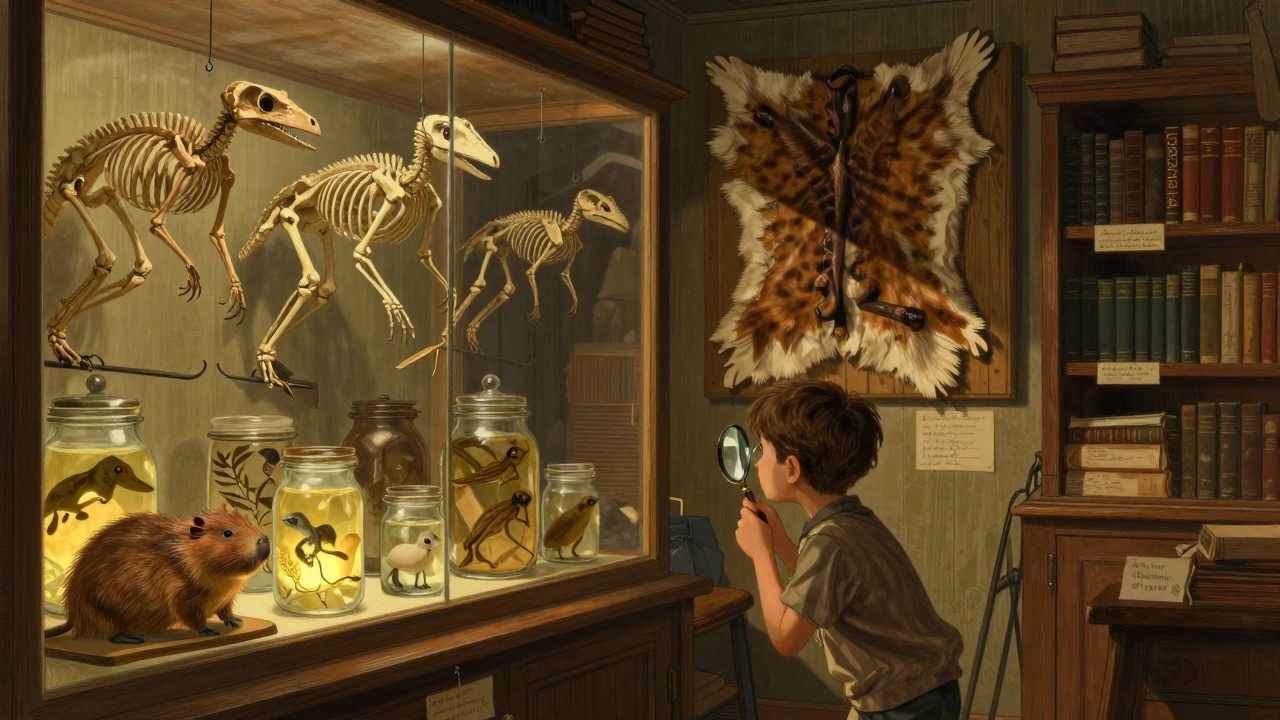 A Victorian-style museum room filled with glass cases containing preserved animal specimens, including a dodo skeleton and pickled platypus.