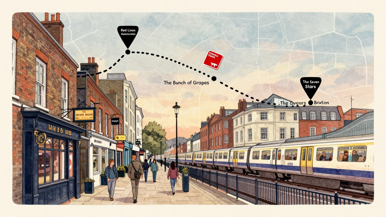 A walking route map connecting budget-friendly pubs across South London with Oyster card icons.
