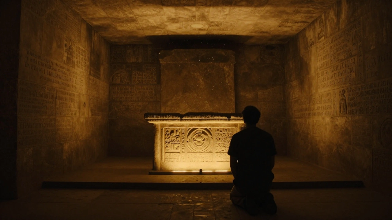 An ancient Roman temple hidden beneath a modern building, with glowing altar stones and a lone visitor in awe.