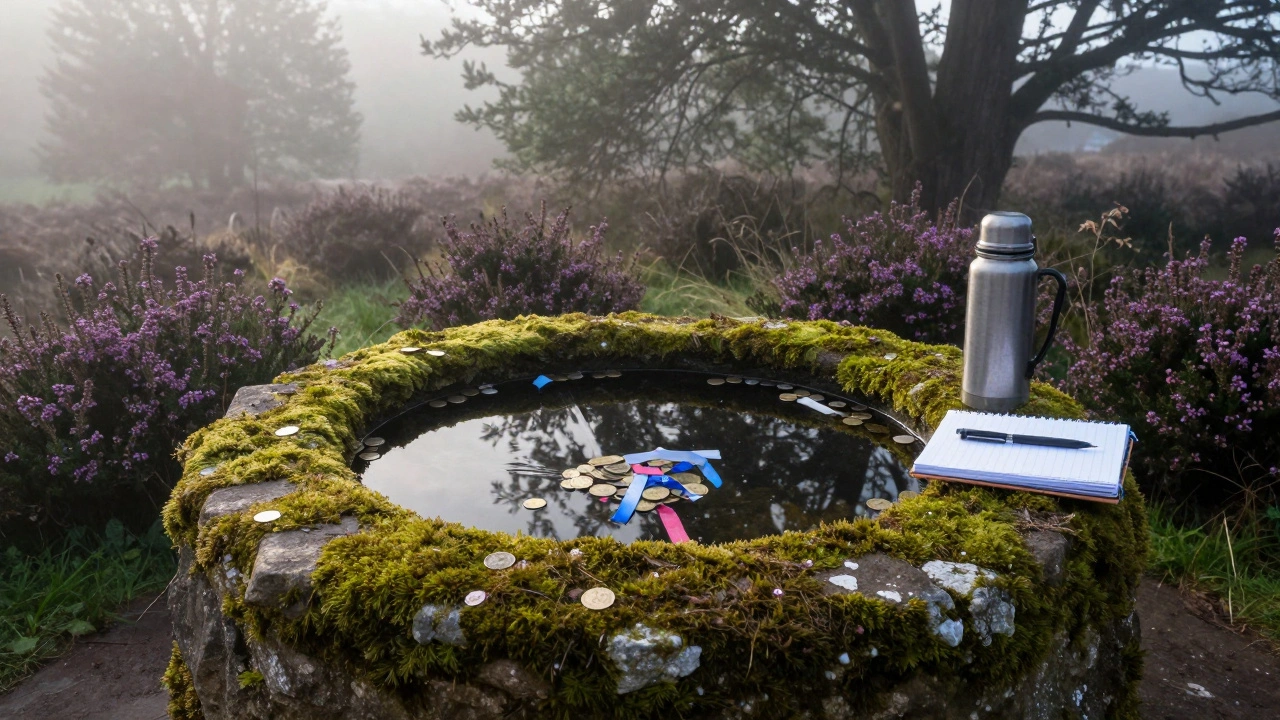 An ancient stone well surrounded by moss and wildflowers, with coins and ribbons floating in its clear spring water.