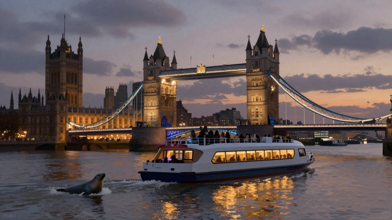An electric Thames Clipper boat passing London landmarks at dusk, with a seal in the water and no pollution.