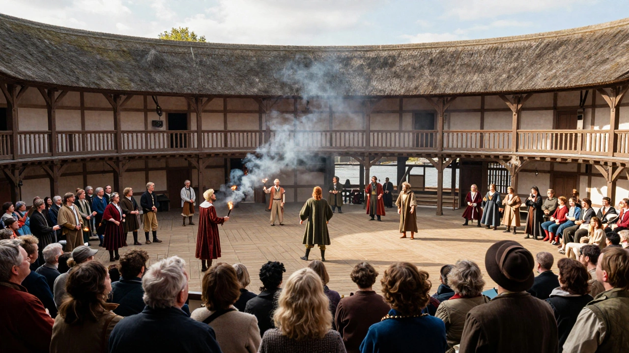 Audience standing in the yard of the Globe Theatre as actors perform Hamlet under a thatched roof.