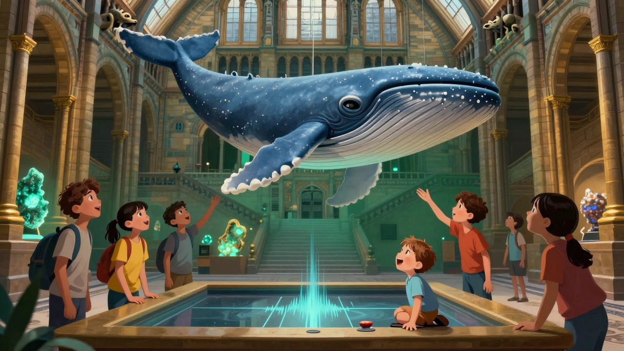 Children marvel at a giant blue whale in the Natural History Museum while one plays with an earthquake simulator.