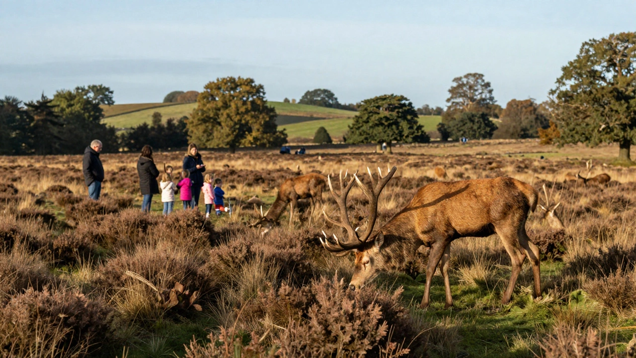 Children watching wild deer grazing in Richmond Park at sunset.