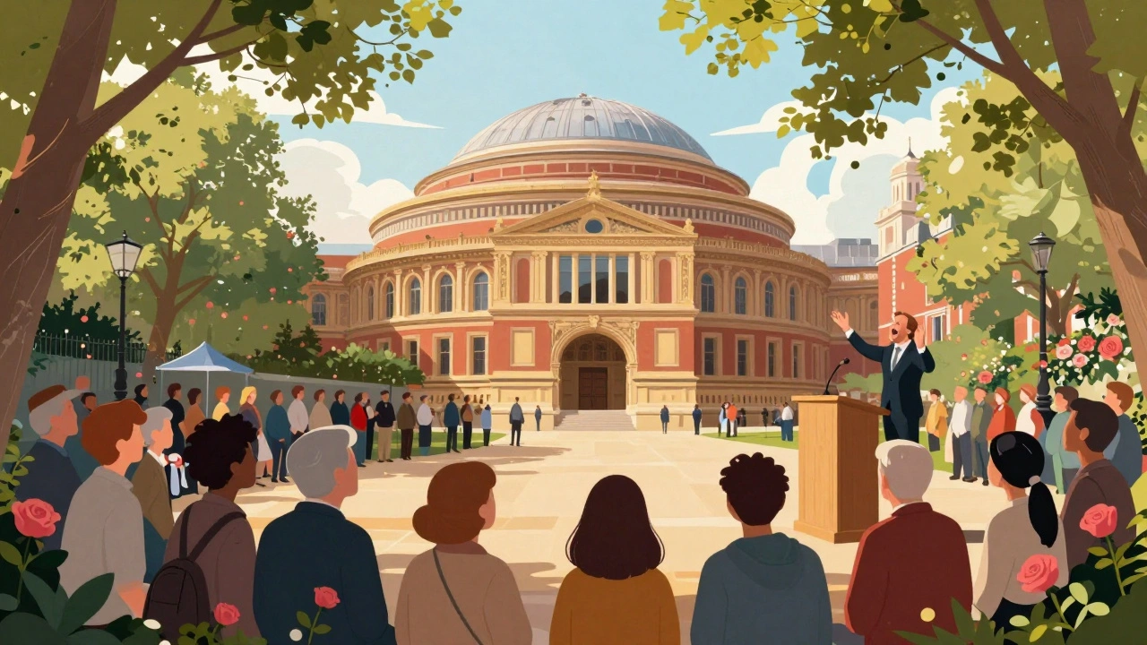 Crowd gathered at Speaker’s Corner listening to a speaker, roses drifting in the air.