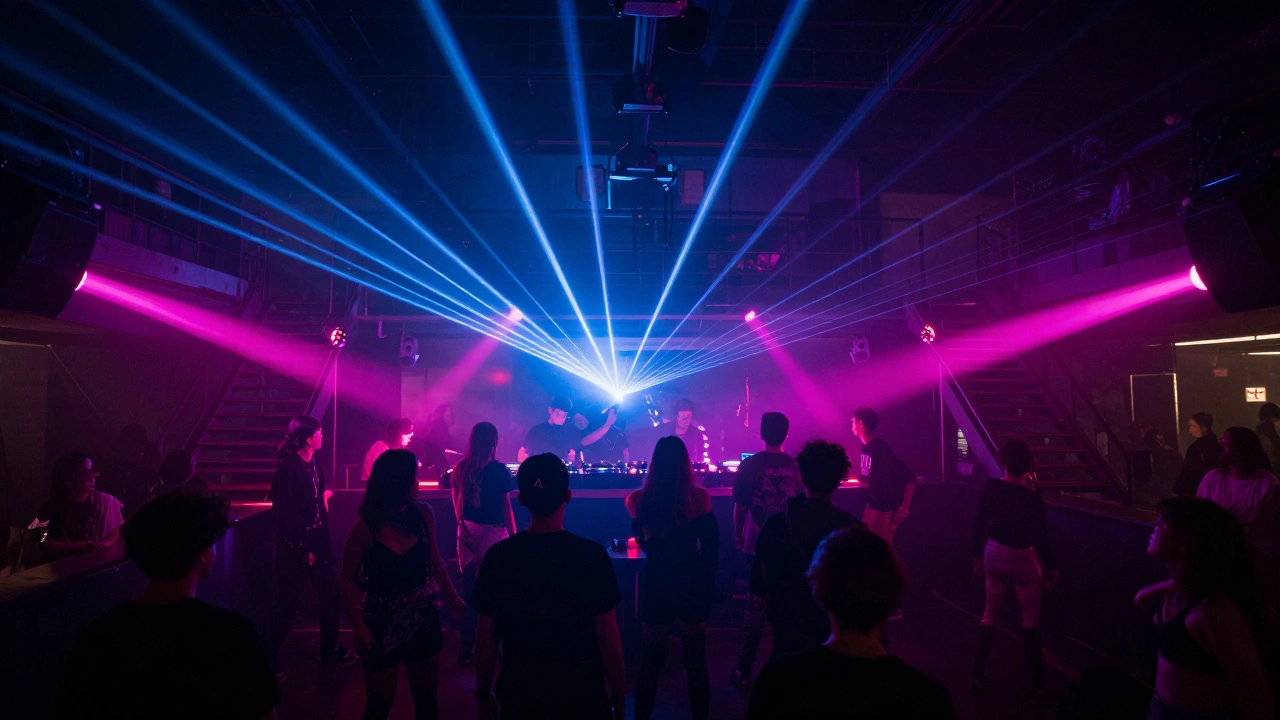 Crowded dancefloor with laser lights and silhouettes of people dancing at a club.
