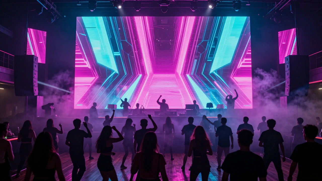 Dance floor with colorful LED lights and haze