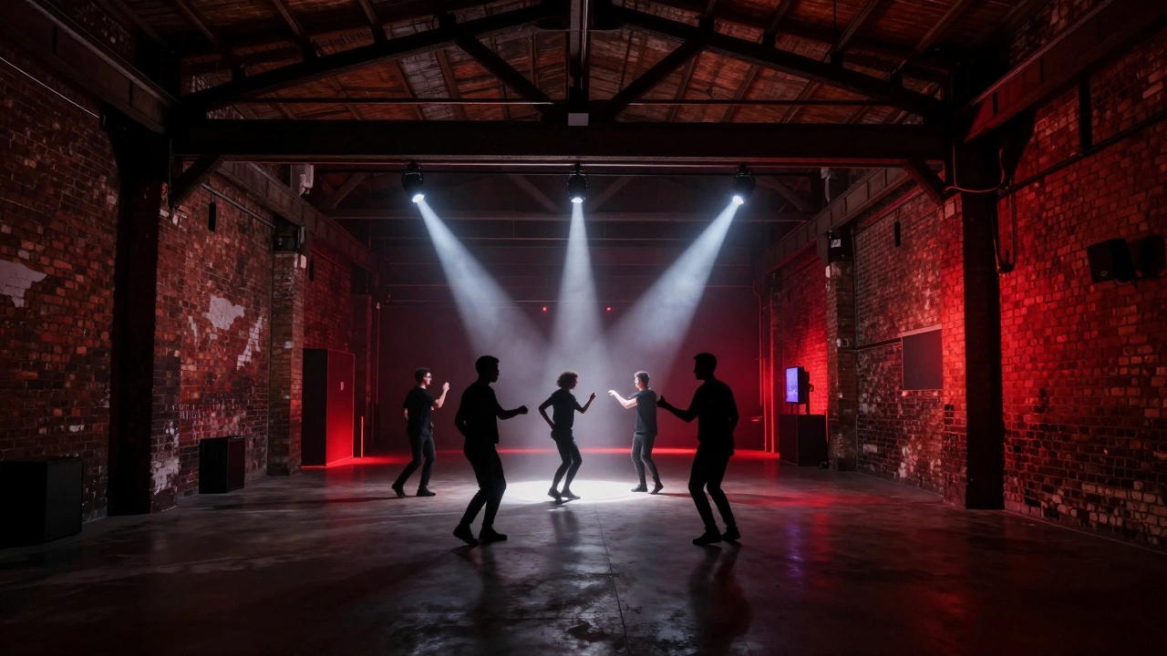 Dark warehouse club interior with dancers and spotlights.