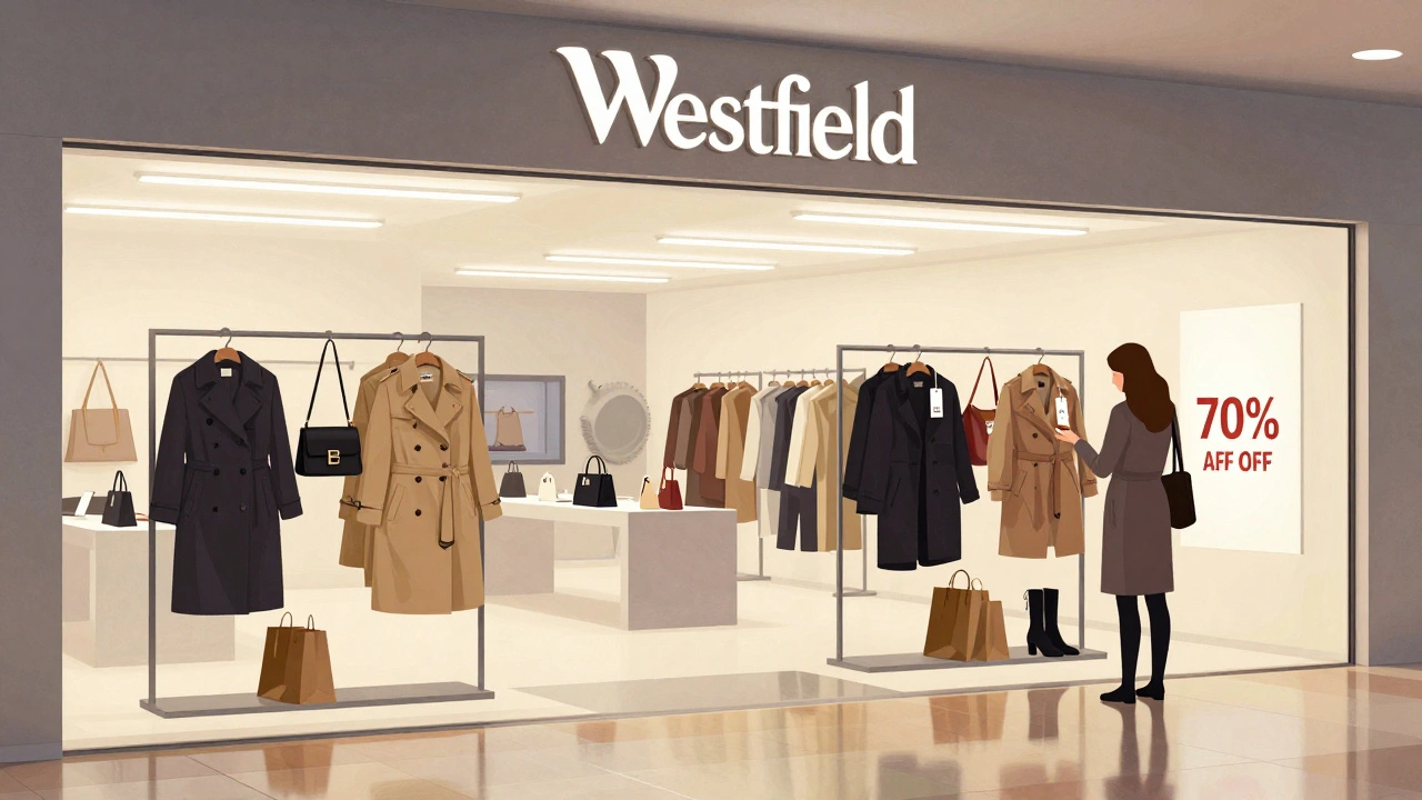 Designer outlet section at Westfield London with luxury coats, bags, and boots on display at deep discounts, a lone shopper examining a price tag.