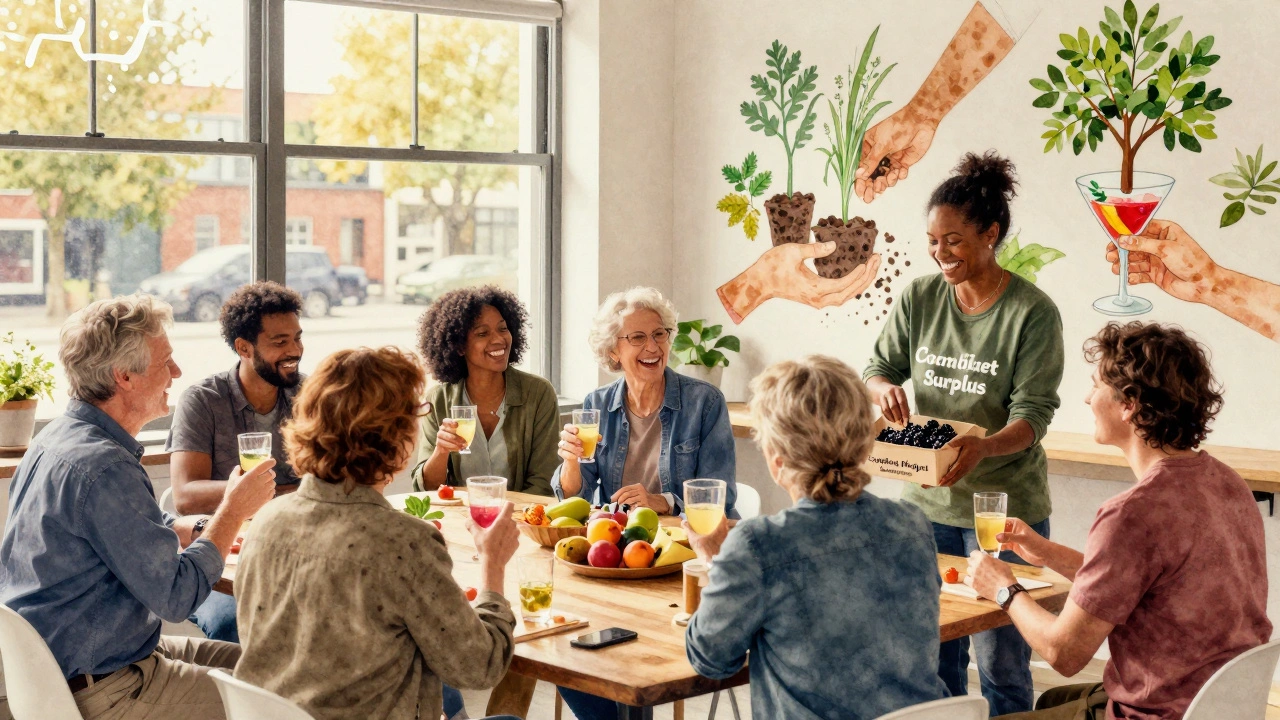 Diverse patrons enjoying cocktails made from surplus market fruit, with a volunteer harvesting wild berries.