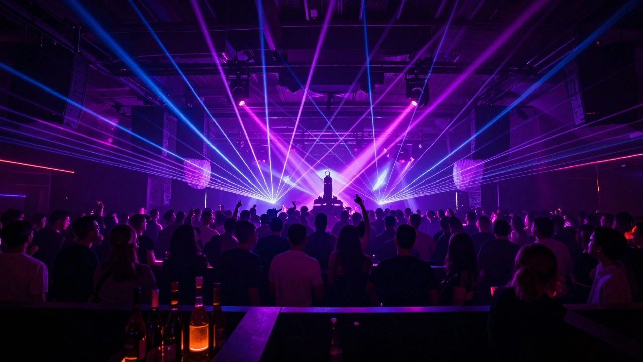 Energetic nightclub crowd dancing under intense laser light displays.