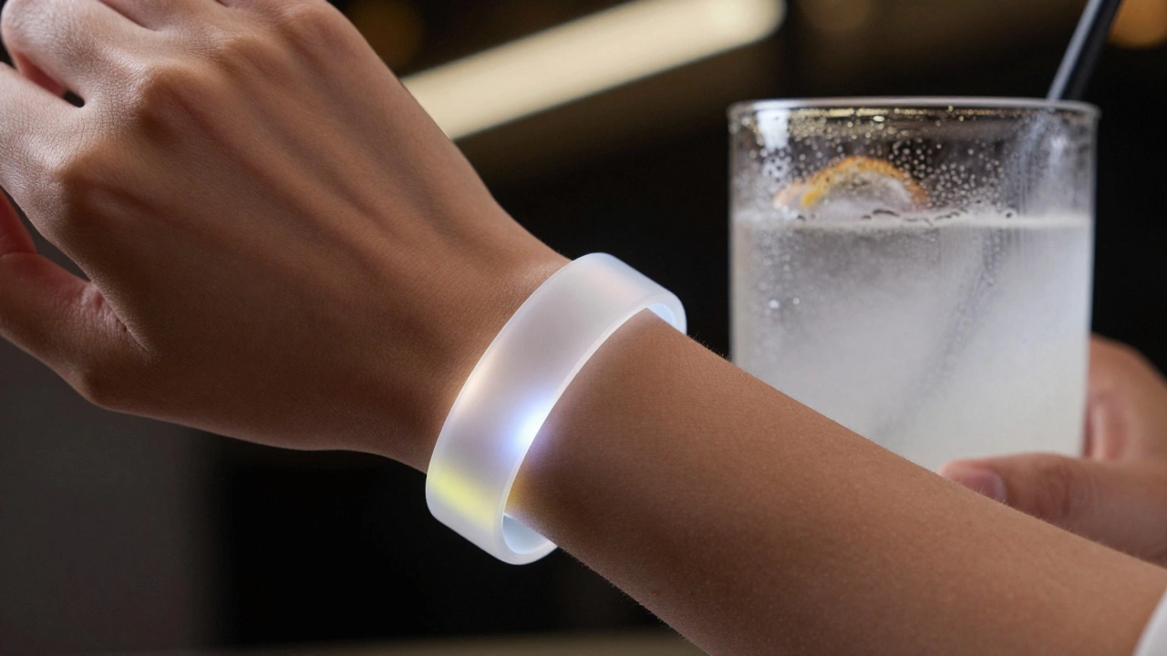 Glowing wristband and drink on bar table
