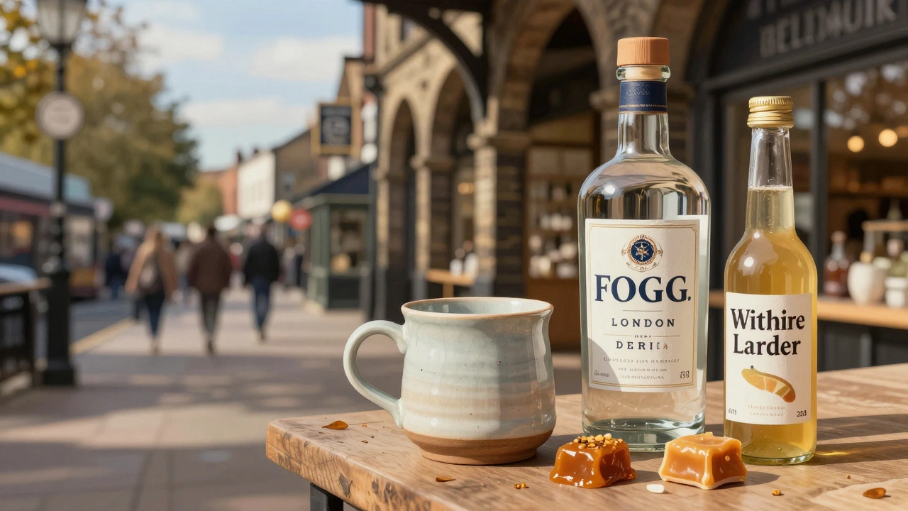 Handmade pottery and foraged gin displayed in Camden Lock Place, with railway arches and warm autumn light.