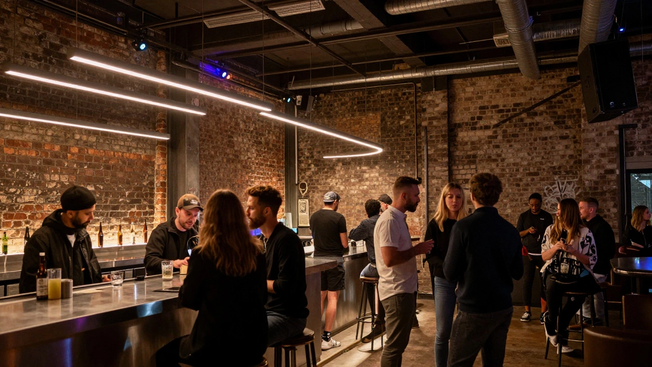 Industrial style dance hall interior with brick walls and modern lights.