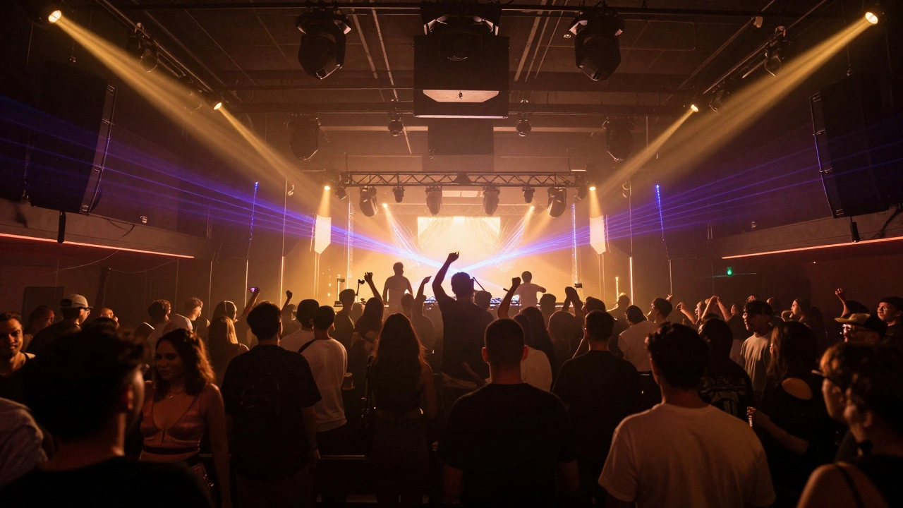 Interior dance floor view showing DJ booth spotlights and energetic crowd silhouettes