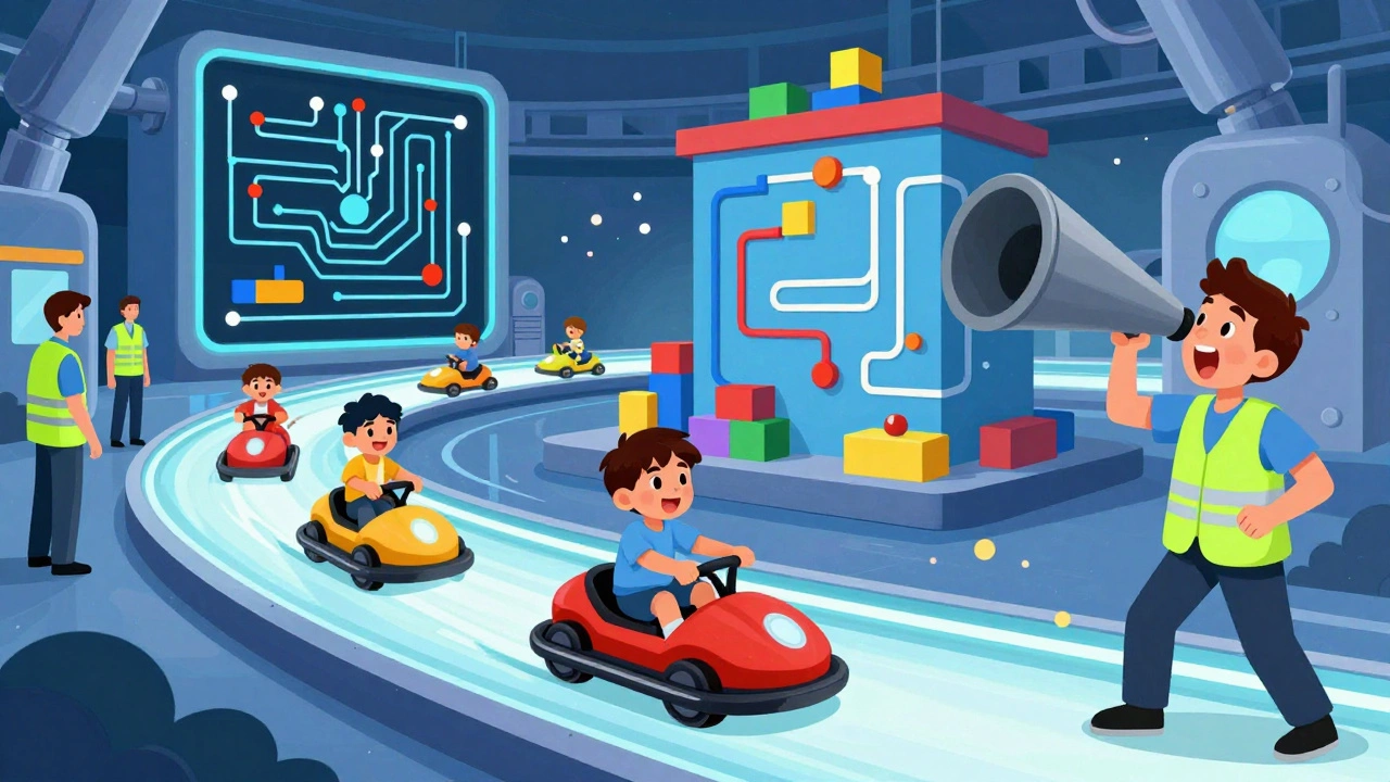 Kids race hovercrafts and build circuits in the Science Museum's interactive Launchpad gallery.