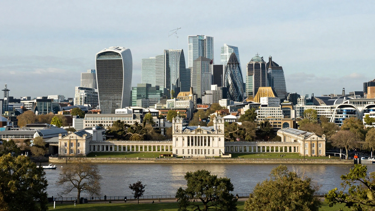 Panoramic view of London from Greenwich Park showing Thames and skyline.