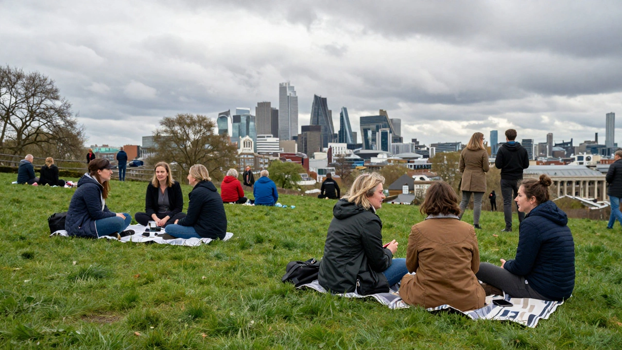People picnicking on Primrose Hill grass with city in background.