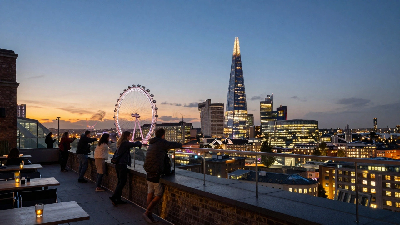 Rooftop terrace view showing London skyline with Shard and London Eye at dusk.