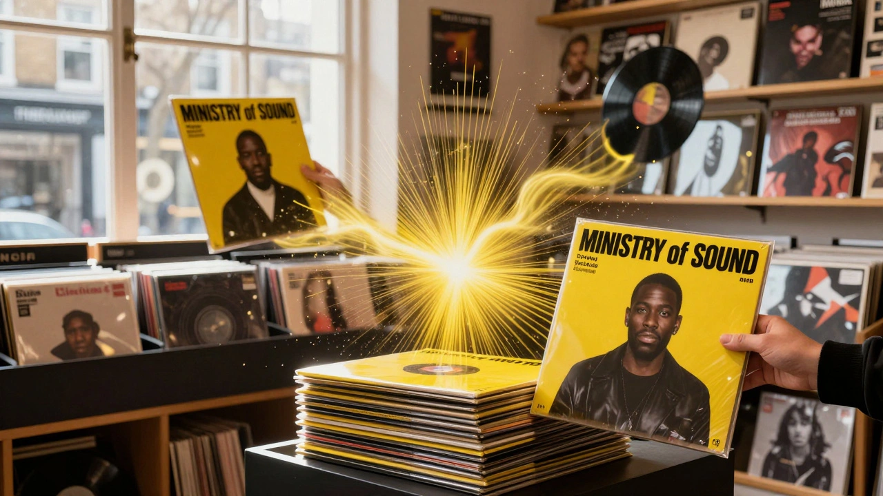 Stacked black-and-yellow Ministry of Sound album covers radiate sound waves shaped like legendary DJs.