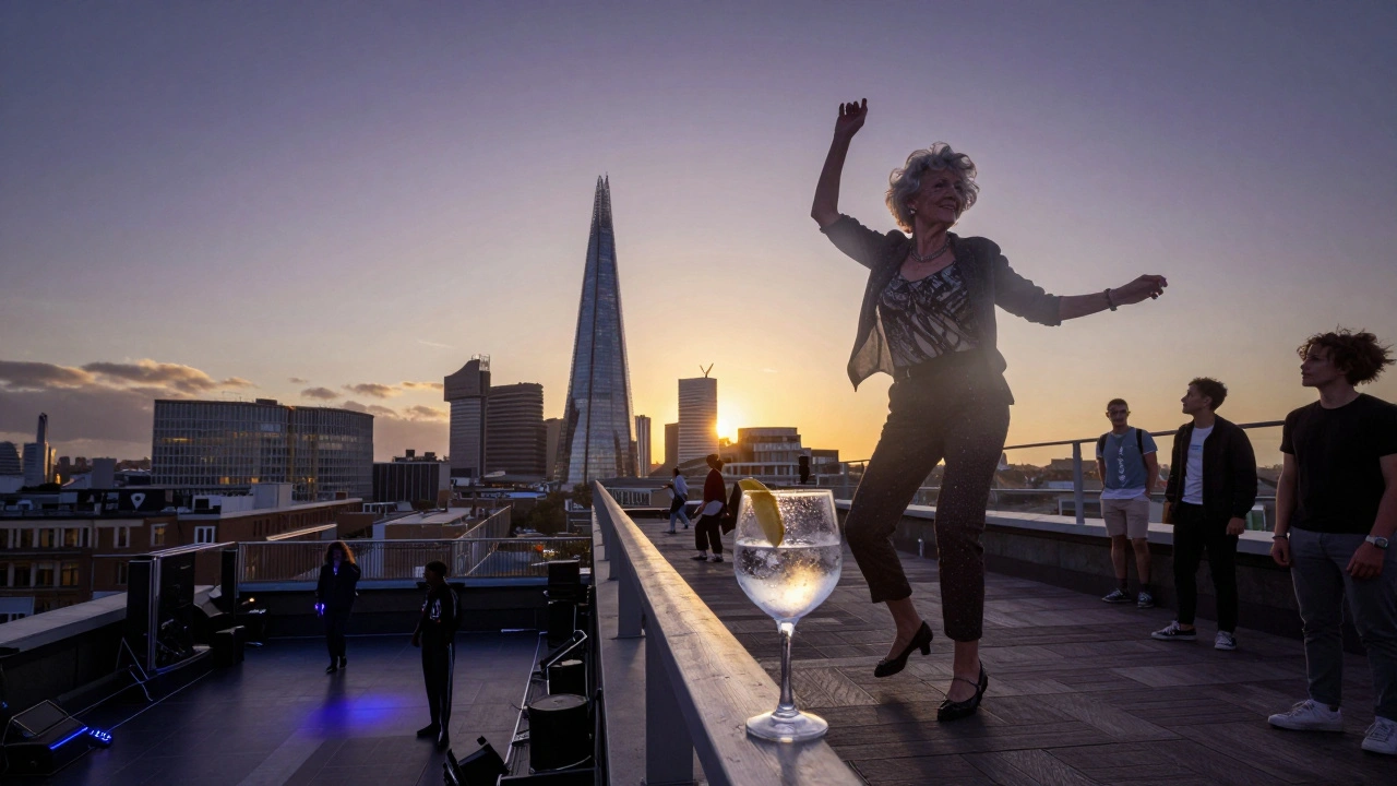 Sunrise over London from Ministry's rooftop, with a lone dancer silhouetted as younger people look up in awe.