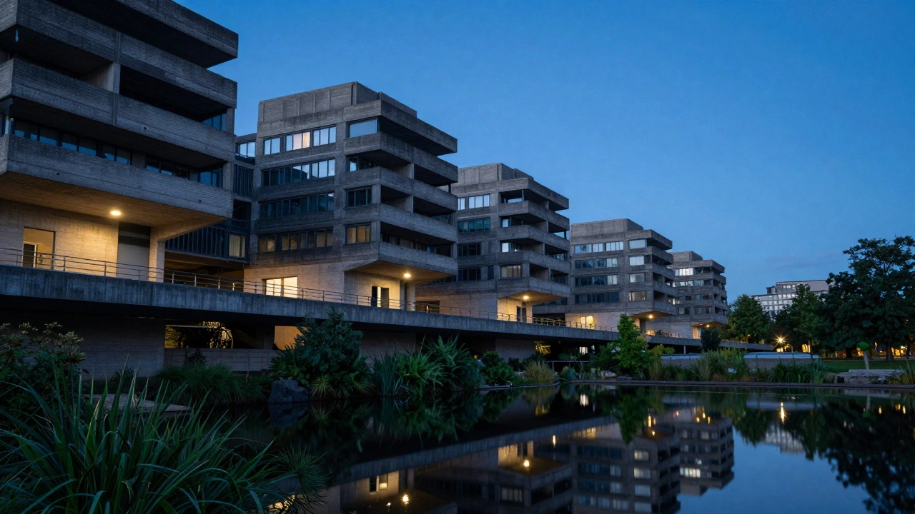 The Barbican Estate at twilight, with concrete terraces and elevated walkways lit by soft streetlights over a reflective lake.