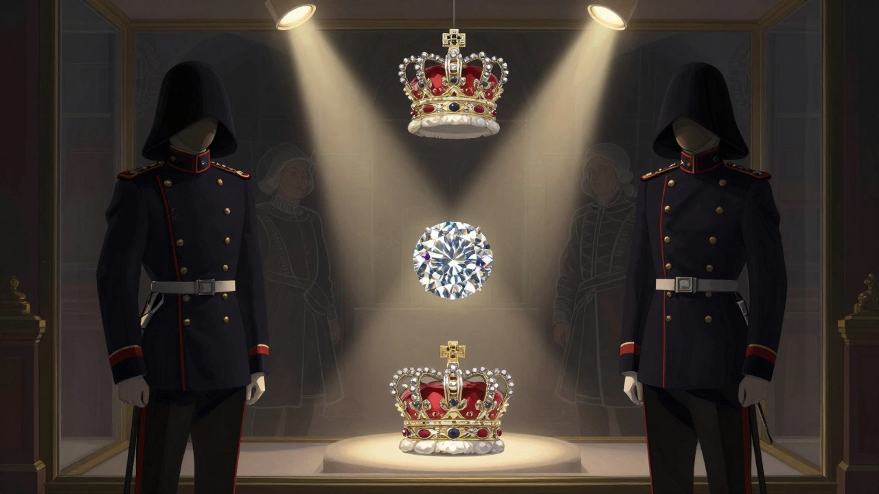 The Crown Jewels under spotlight, guarded by silent Yeomen, with faint ghostly figures lingering nearby.