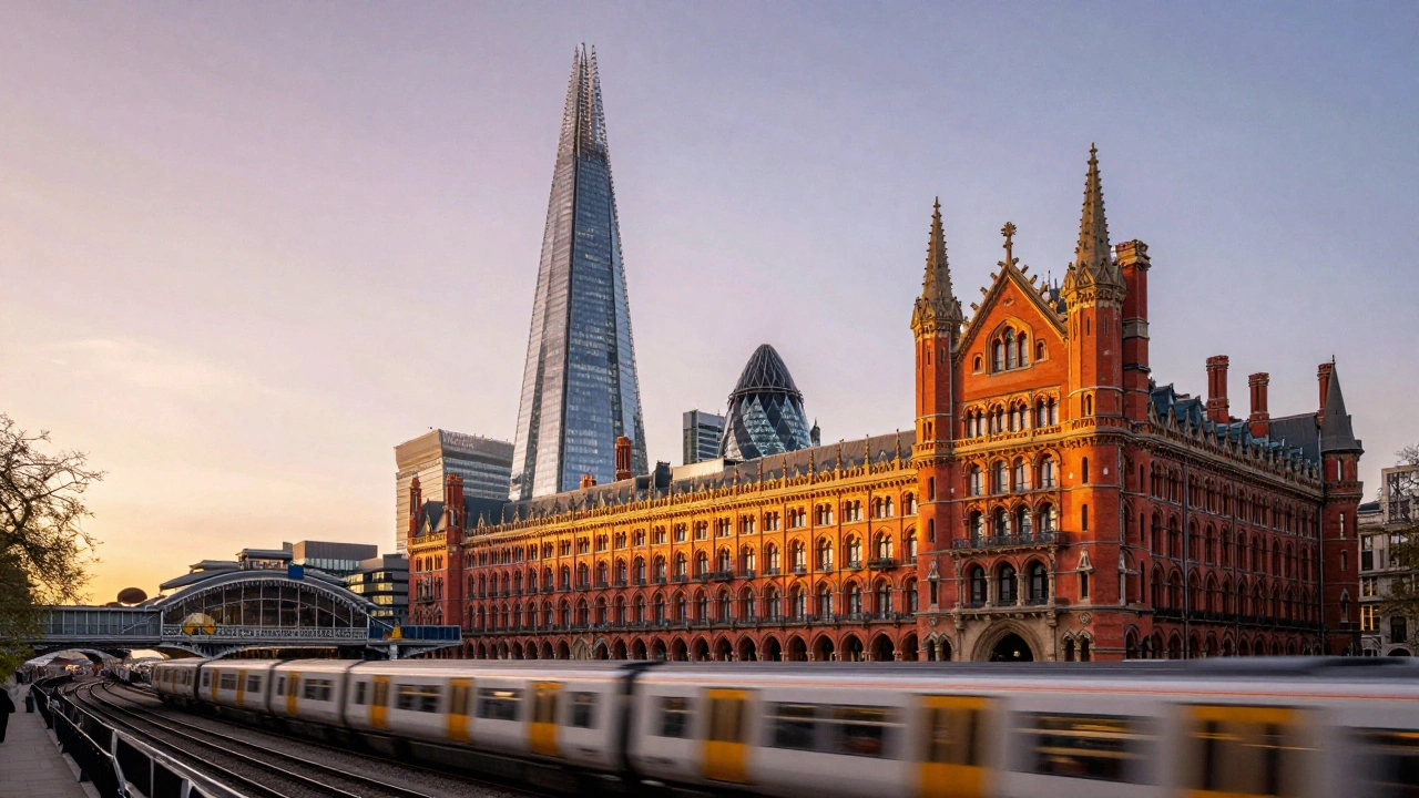 The Shard and St Pancras Hotel at golden hour, modern glass spire beside ornate Gothic architecture with trains in foreground.