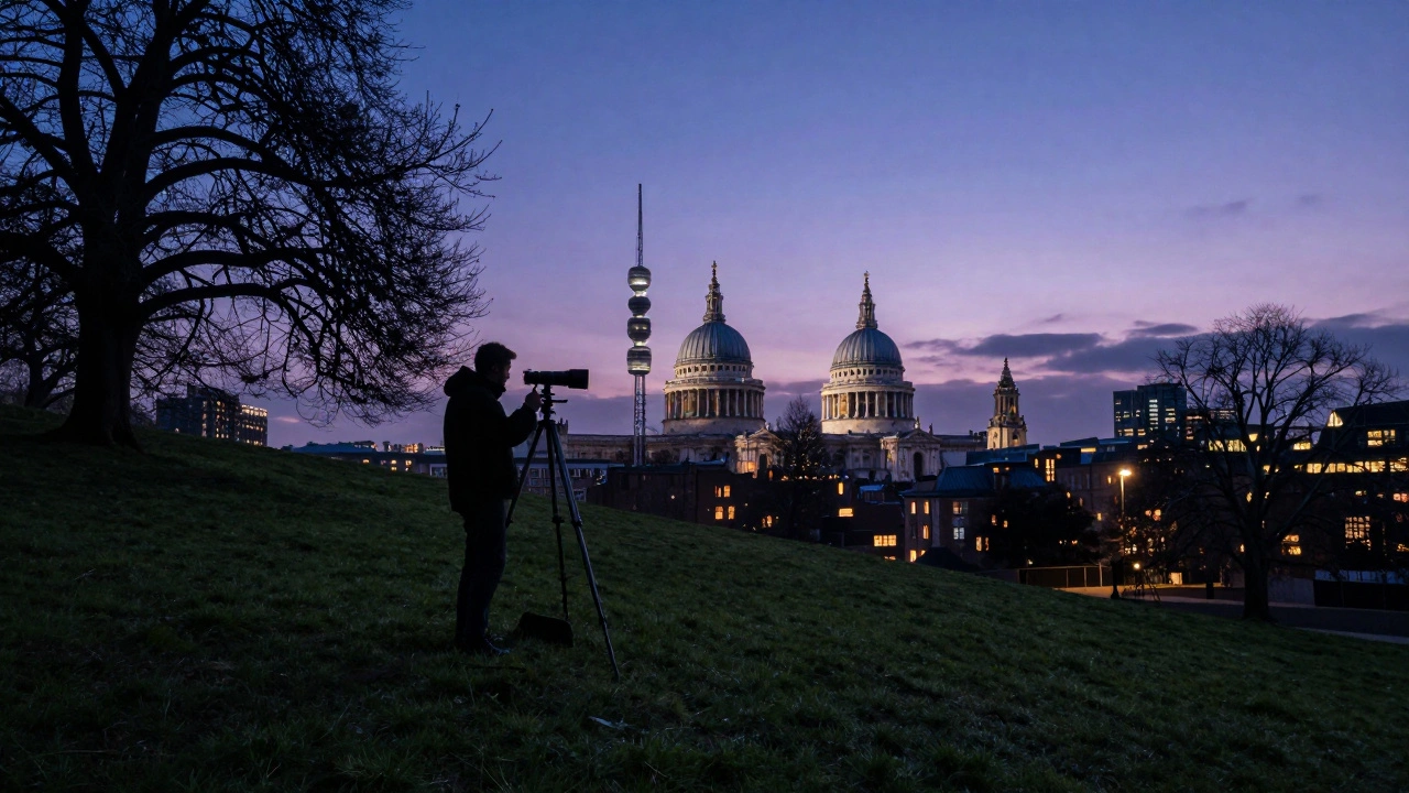 Twilight scene on Primrose Hill with a photographer capturing the city lights emerging as St. Paul’s and the BT Tower glow.