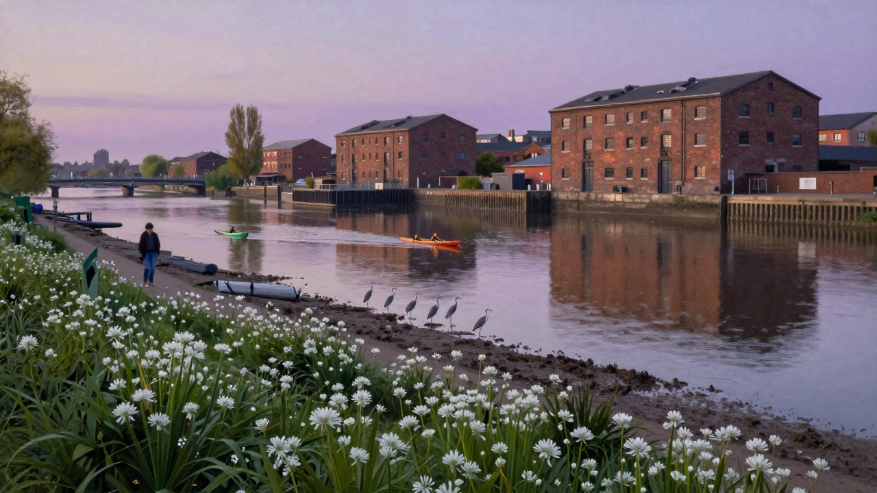 Twilight walk along the Thames Path with herons, kayakers, and wild garlic, quiet and reflective.