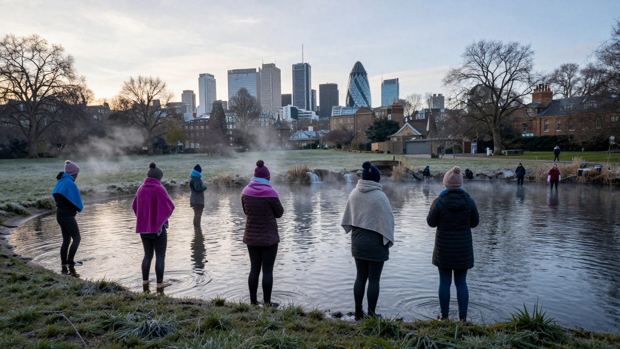 Winter swimmers at Hampstead Heath’s pond with London skyline behind, frost on grass and steam rising.